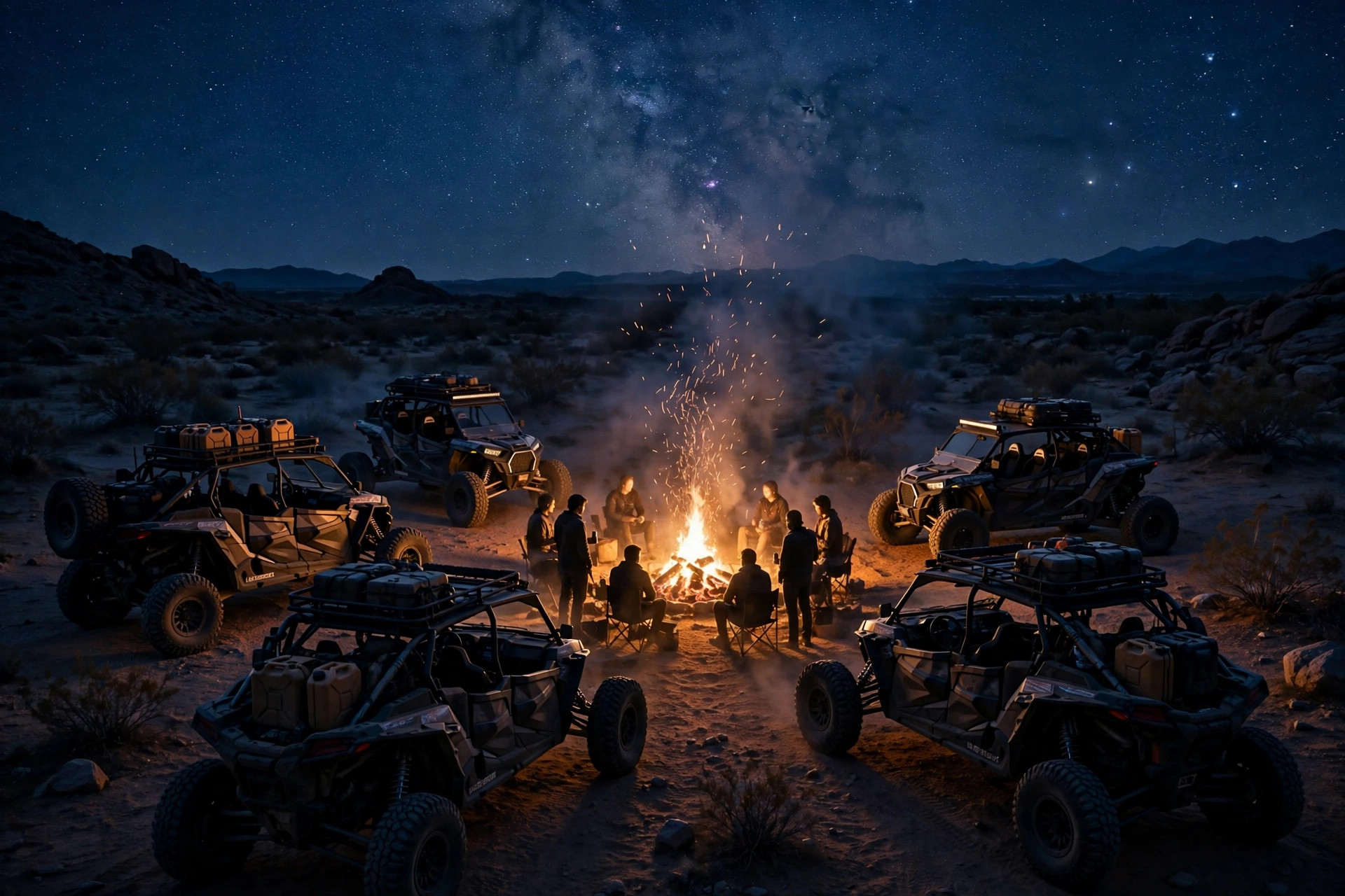 Bad Alibi Offroad crew gathered around a campfire at night