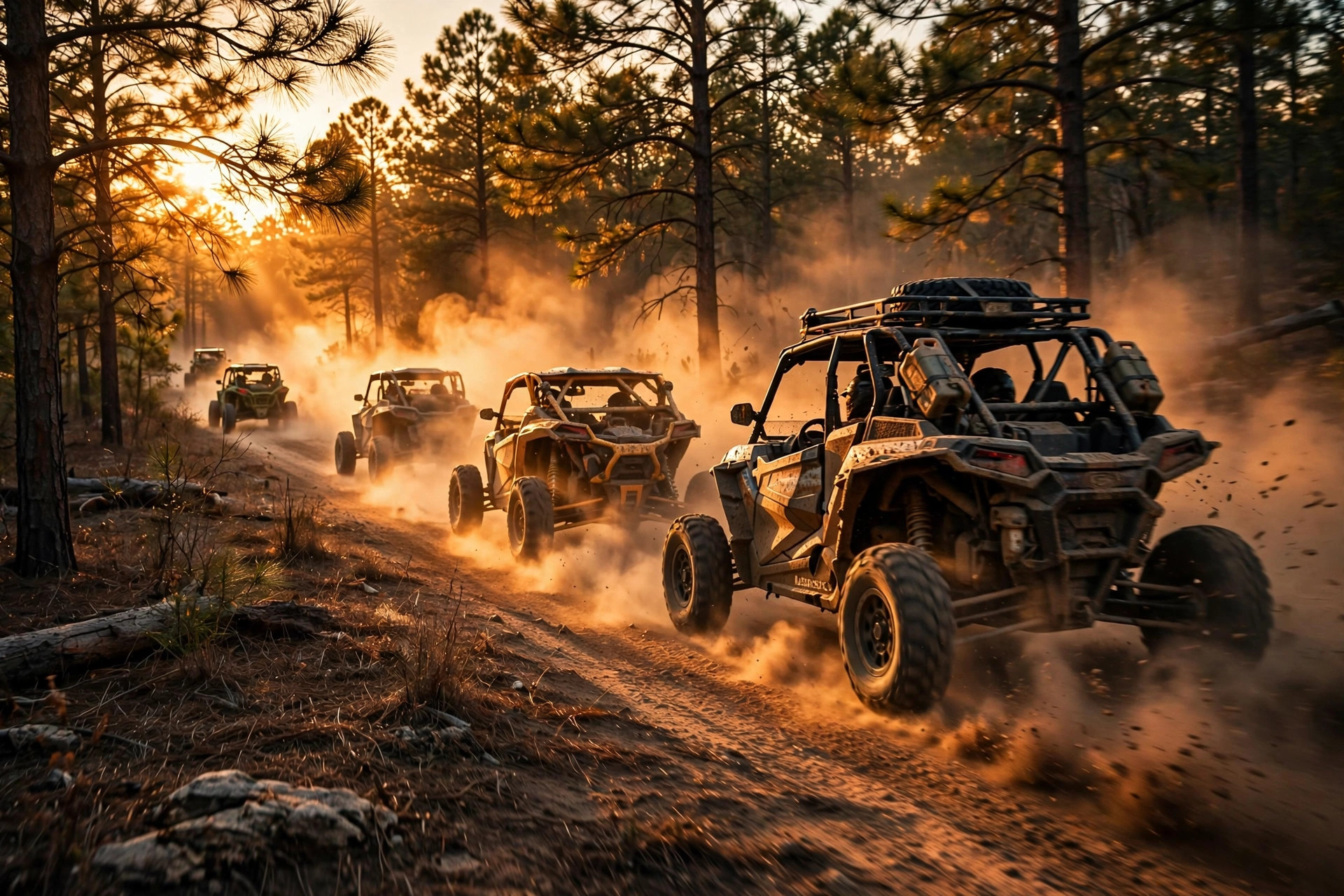 Bad Alibi Offroad group ride convoy kicking up dust on a Texas trail